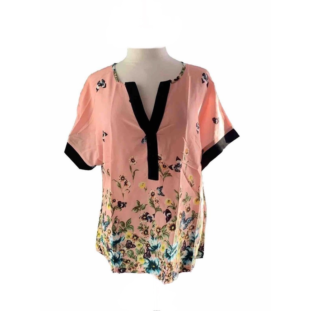 Shein Womens‎ Pink Butterfly Floral Split Neck Short Sleeve Blouse Top 0XL